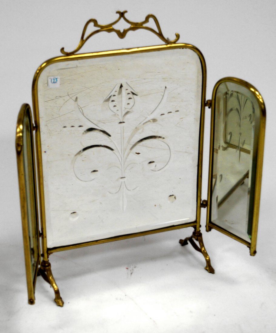 ART NOUVEAU BRASS FIRE SCREEN WITH CUT GLASS MIRROR (1 of 1)