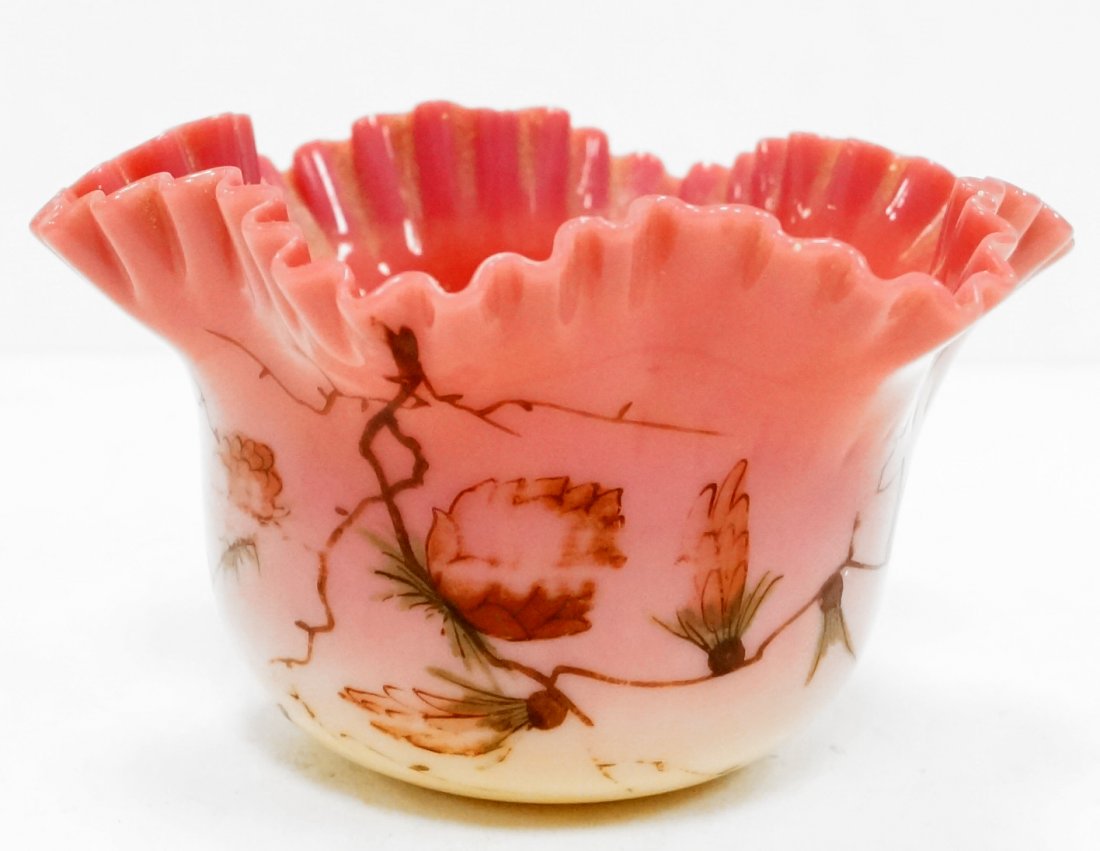 ANTIQUE BURMESE GLASS FLUTED DECORATED BOWL. HEIGHT 2: ANTIQUE BURMESE GLASS FLUTED DECORATED BOWL. HEIGHT 2 1/2"; DIAMETER 4 1/2"
