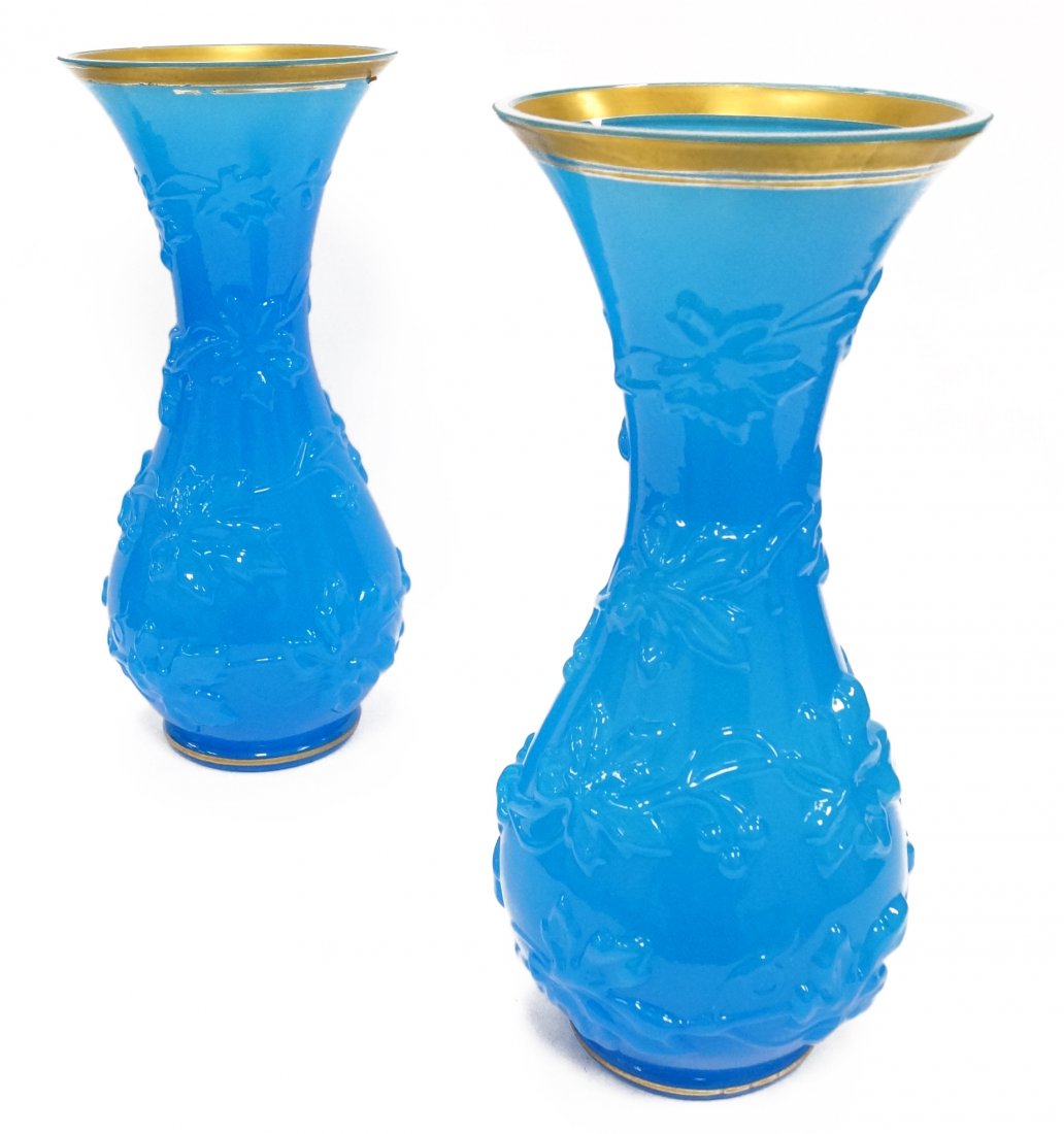 PAIR VICTORIAN BLUE OPALINE FLORAL EMBOSSED GLASS VASE (1 of 1)