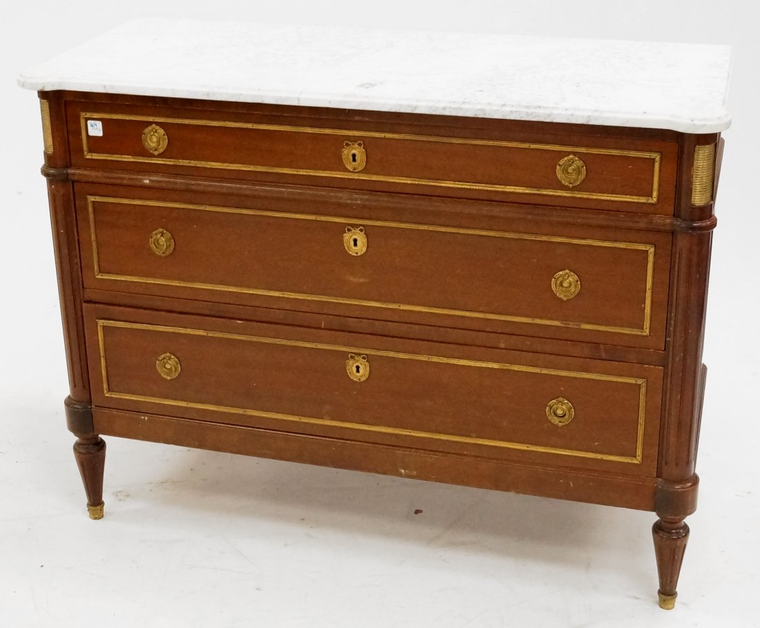 FRENCH MAHOGANY DRESSER WITH ORMOLU MOUNTS AND DRAWER: FRENCH MAHOGANY DRESSER WITH ORMOLU MOUNTS AND DRAWER PULLS WITH SHAPED MARBLE TOP. HEIGHT 33 1/2"; TOP 18 1/2 X 45"