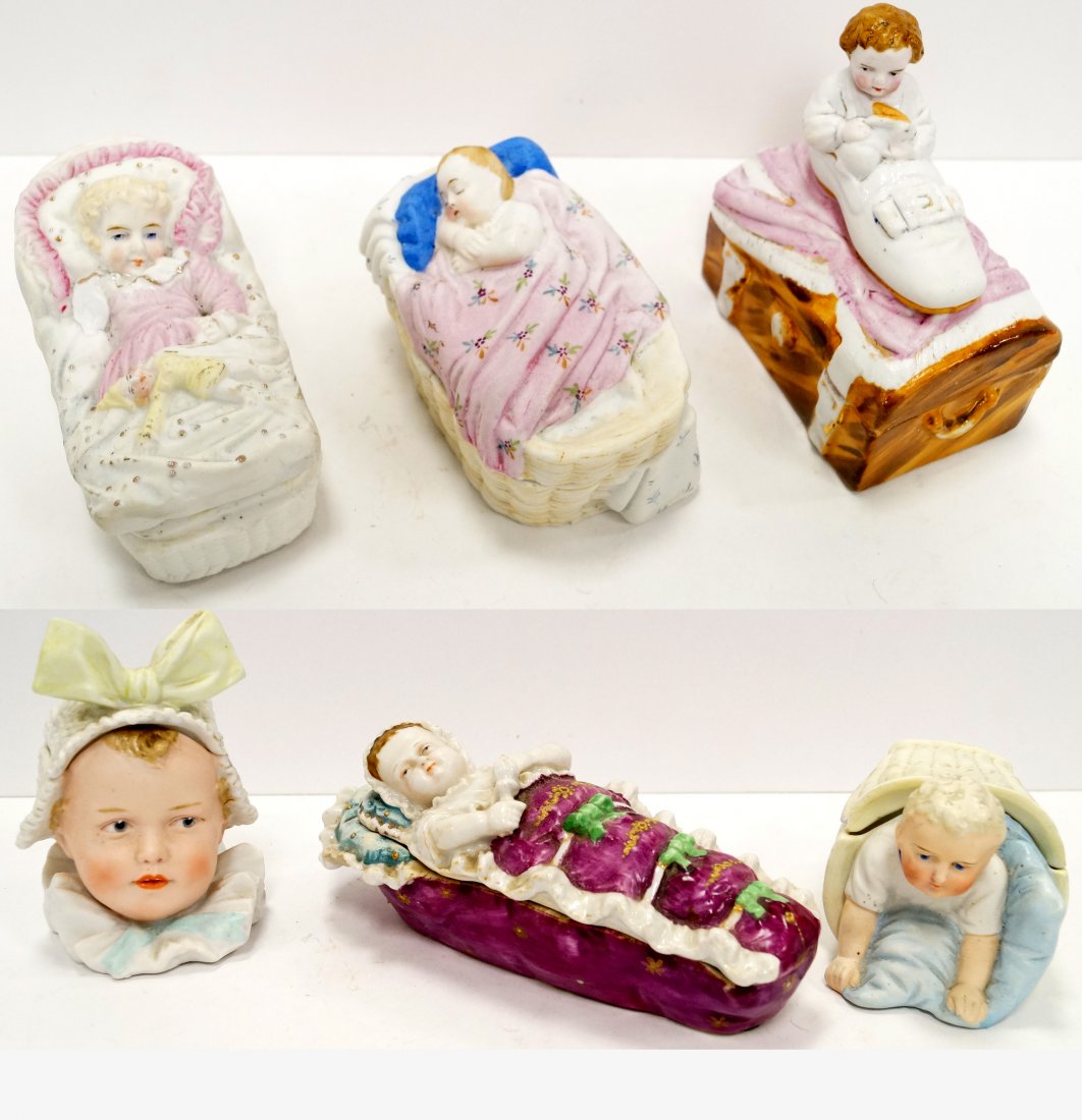LOT (6) VICTORIAN BISQUE DECORATED BABY BOXES (1 of 1)