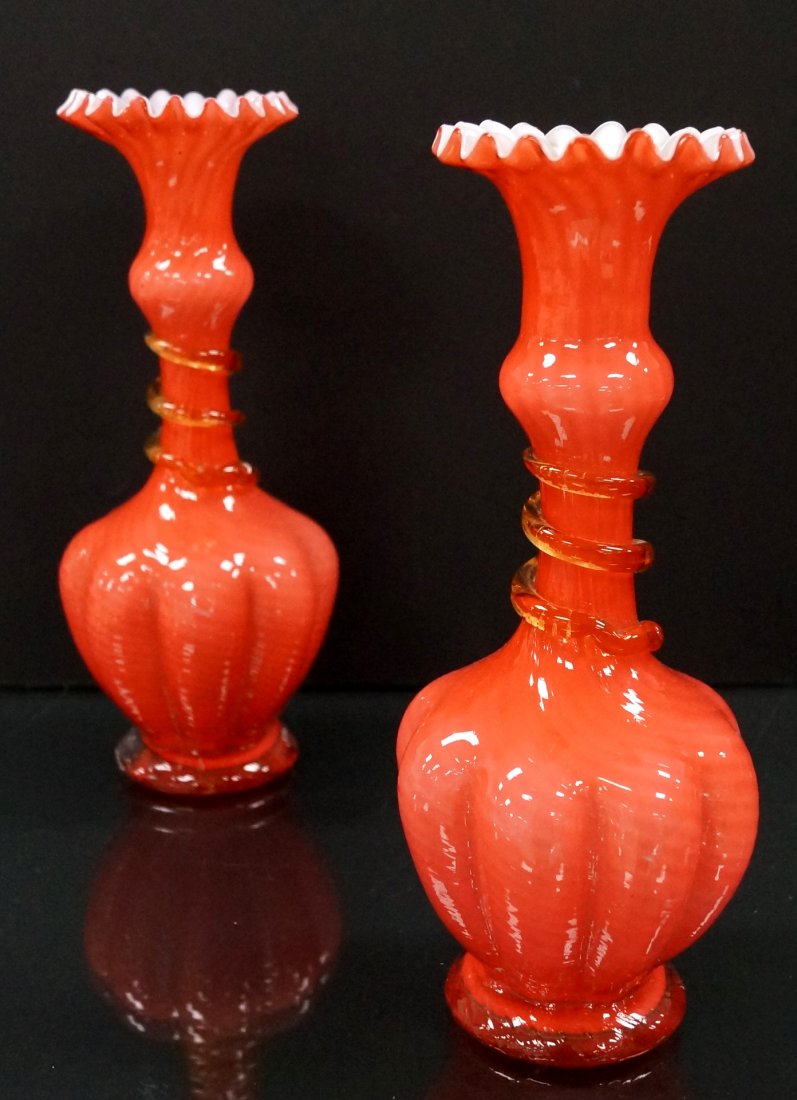 PAIR VICTORIAN CORAL CASE GLASS VASE WITH AMBER APPLIED (1 of 1)