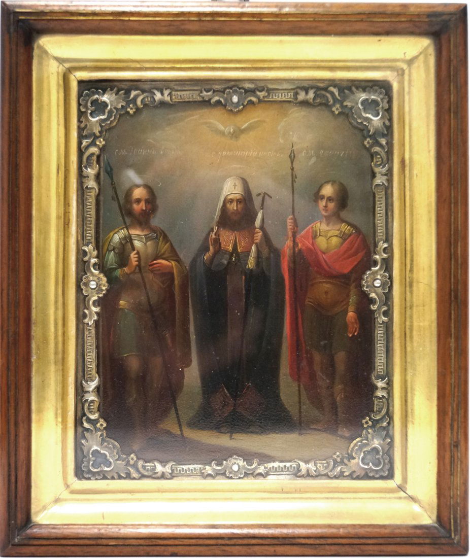 FINE RUSSIAN ICON ON WOOD PANEL, THREE SAINTS, WITH (1 of 1)