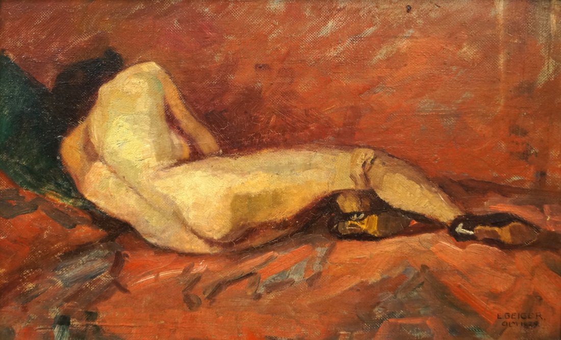 EUROPEAN SCHOOL (20TH CENTURY), OIL ON CANVAS BOARD,: EUROPEAN SCHOOL (20TH CENTURY), OIL ON CANVAS BOARD, RECLINING NUDE, SIGNED E. GEIGER, 1929. 10 X 16"; FRAMED 13 1/2 X 19 1/2"
