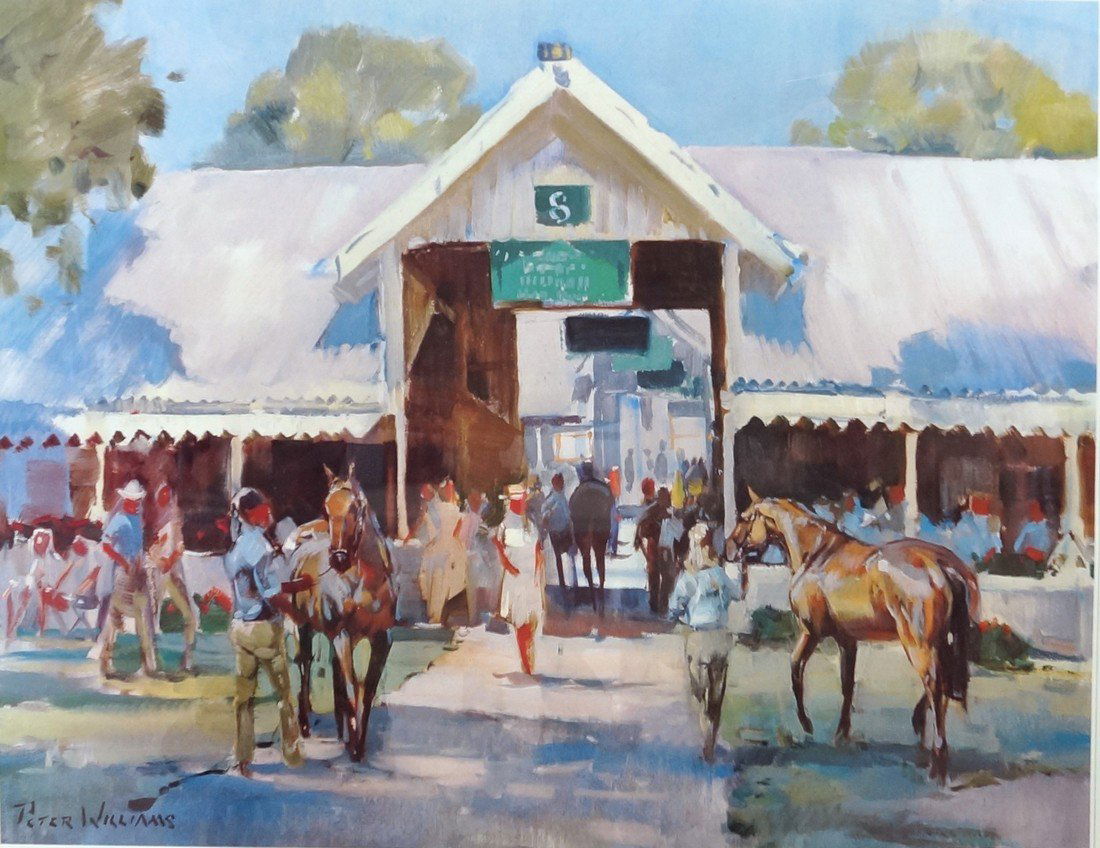 PETER WILLIAMS (US/NEW ZEALAND 1934-), LITHOGRAPH,: PETER WILLIAMS (US/NEW ZEALAND 1934-), LITHOGRAPH, "AWAITING THE SALE KEENELAND", SIGNED (IN PENCIL) AND NUMBERED. SIGHT 19 X 25"; FRAMED AND GLAZED-24 1/2 X 30 1/2"