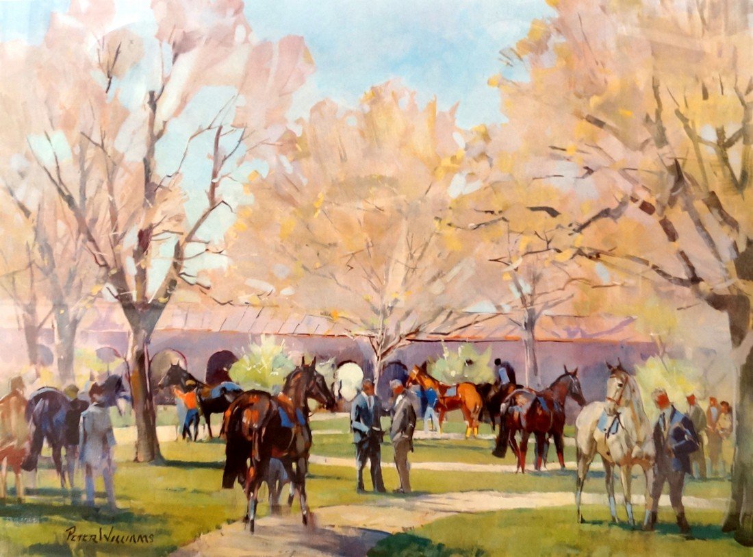 PETER WILLIAMS (US/NEW ZEALAND 1934-), LITHOGRAPH, "THE: PETER WILLIAMS (US/NEW ZEALAND 1934-), LITHOGRAPH, "THE PADDOCK KEENELAND", SIGNED (IN PENCIL) AND NUMBERED. SIGHT 19 X 25"; FRAMED AND GLAZED-24 1/2 X 30 1/2"