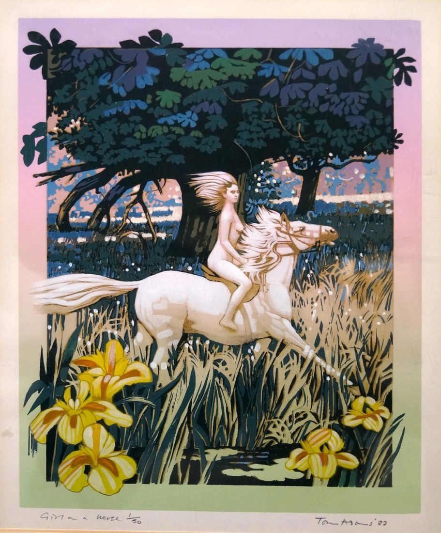 TOM ADAMS (AMERICAN 1926-), SERIGRAPH, "GIRL ON HORSE",: TOM ADAMS (AMERICAN 1926-), SERIGRAPH, "GIRL ON HORSE", SIGNED, DATED AND NUMBERED. 11 X 10"; FRAMED AND GLAZED-16 X 14"