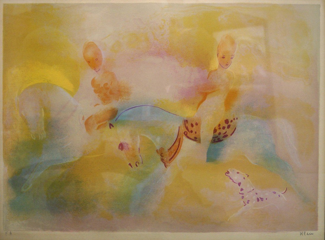 COLORED LITHOGRAPH, HORSE, RIDERS AND DOG, SIGNED: COLORED LITHOGRAPH, HORSE, RIDERS AND DOG, SIGNED KLEIN. SIGHT 18 X 25"; FRAMED AND GLAZED-26 1/2 X 34"