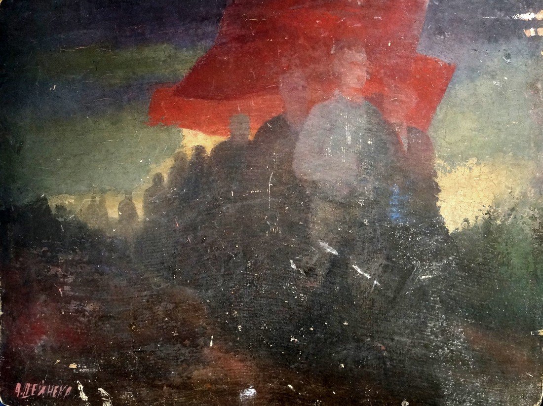 RUSSIAN SCHOOL (20TH CENTURY), OIL ON ARTIST PANEL,: RUSSIAN SCHOOL (20TH CENTURY), OIL ON ARTIST PANEL, FIGURES WITH FLAGS, SIGNED "ADEINEKA" IN ACRYLIC". 11 X 14 1/2"