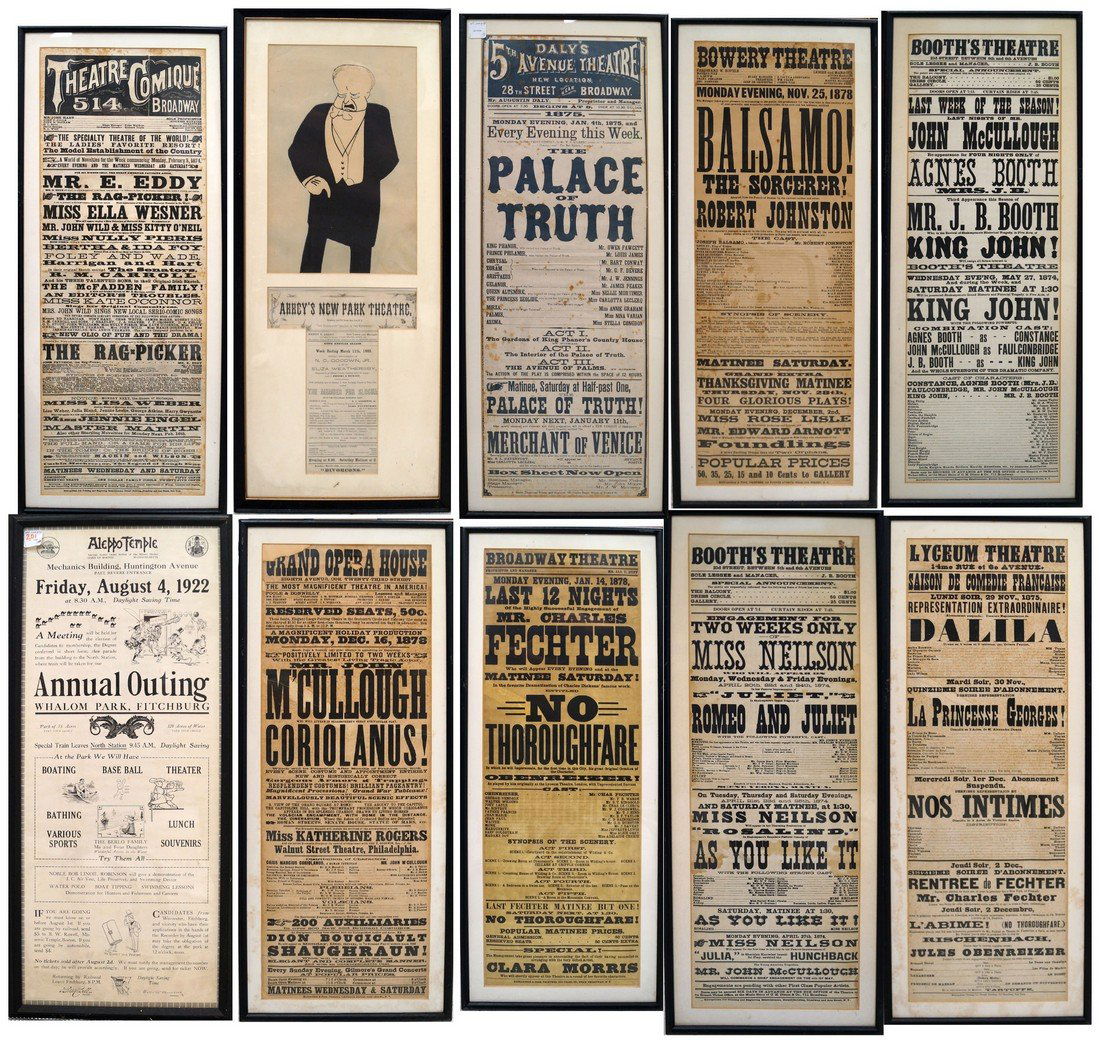 LOT (10) ASSORTED THEATER BROADSIDES, 1874-1922. FRAMED (1 of 1)
