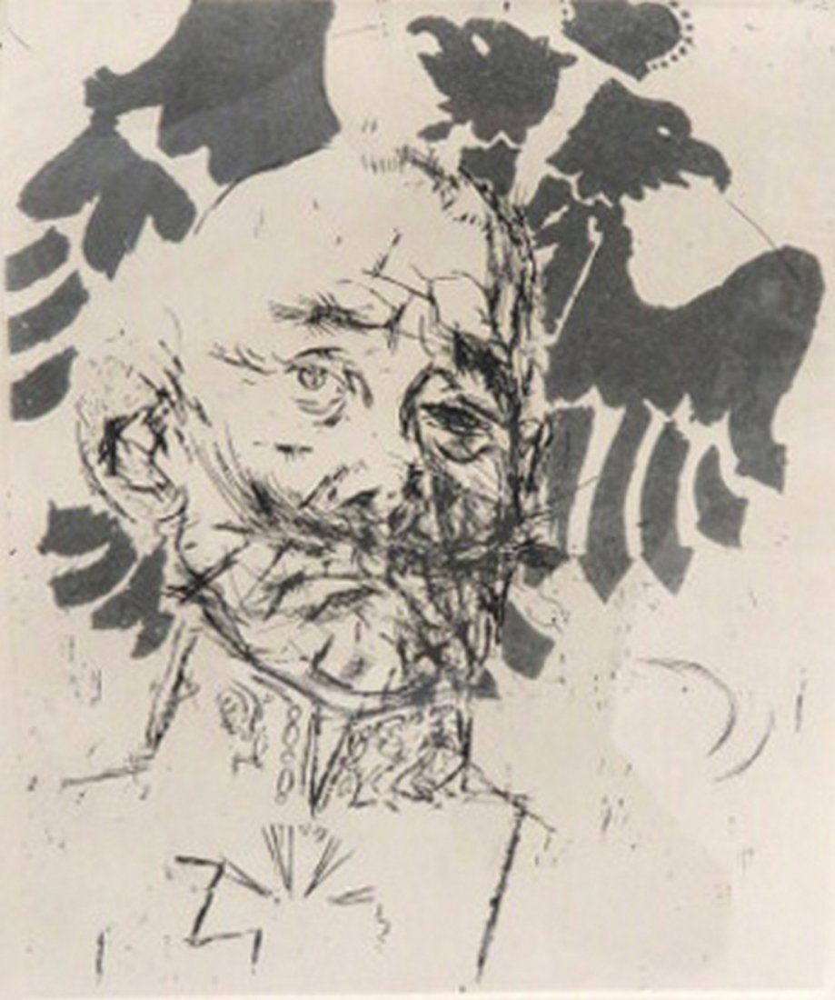 JACK LEVINE (AMERICAN 1915-2010), ETCHING, "PRUSSIAN: JACK LEVINE (AMERICAN 1915-2010), ETCHING, "PRUSSIAN GENERAL", SIGNED (IN PENCIL) AP. PLATE 9 3/4 X 7 2/3"; FRAMED AND GLAZED-22 X 18"