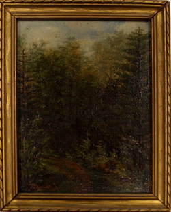 ATTRIBUTED TO ELIZABETH JANE (GARDNER) BOUGUEREAU: ATTRIBUTED TO ELIZABETH JANE (GARDNER) BOUGUEREAU (AMERICAN/FRENCH 1837-1922), OIL ON ARTIST BOARD, WOODED LANDSCAPE, SIGNED "GARDNER" VERSO. 5 X 4"; FRAMED 5 3/4 X 4 3/4"