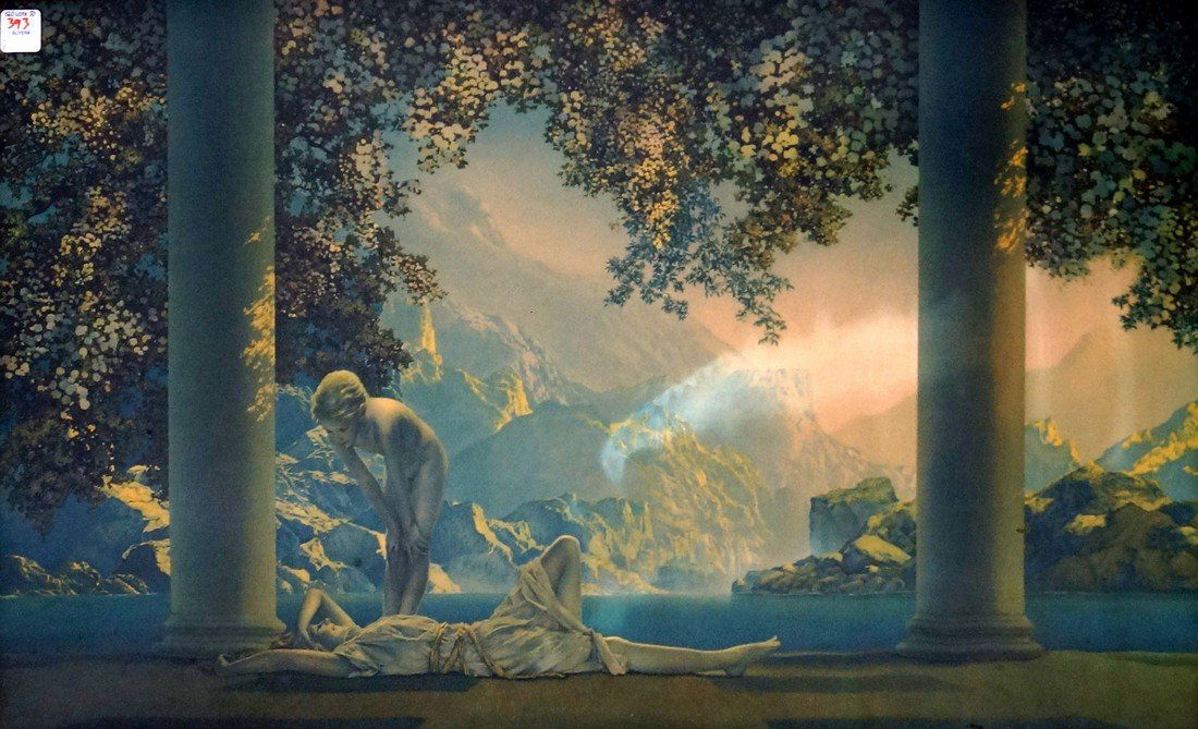 MAXFIELD PARRISH, LITHOGRAPH, "DAY BREAK". 17 1/2 X 29: MAXFIELD PARRISH, LITHOGRAPH, "DAY BREAK". 17 1/2 X 29 1/2"; FRAMED AND GLAZED-21 1/2 X 32 1/2"