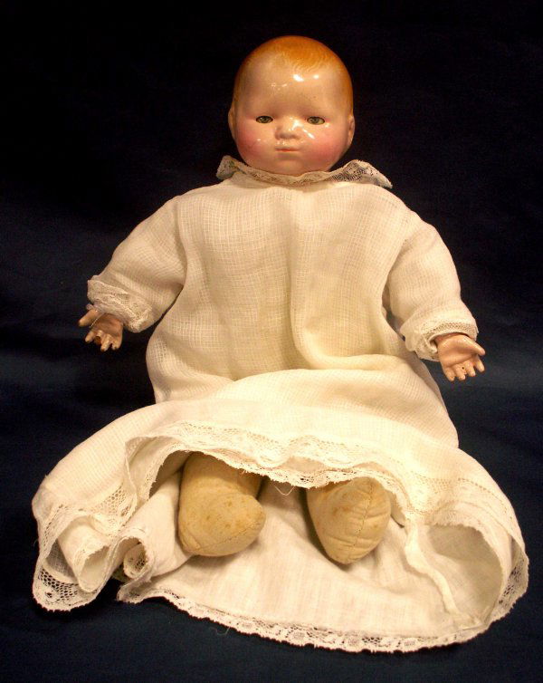 EFFANBEE BYE-LO BABY DOLL W/HUG ACTION: EFFANBEE BYE-LO BABY DOLL WITH HUG ACTION, COMPOSITION HANDS (IMPERFECT), HEAD, CLOTH BODY. HEIGHT 14 1/2"