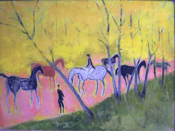 OIL ON CANVAS, ANDRE BRASILIER: OIL ON CANVAS, LANDSCAPE WITH HORSES AND RIDERS, BEARS SIGNATURE; ANDRE BRASILIER (FRENCH 1929). 21 1/4 X 28 3/4"; FRAMED-OVERALL 31 X 38" **DUE TO THE SIZE AND/OR FRAGILITY OF THIS LOT, STANDARD IN-H