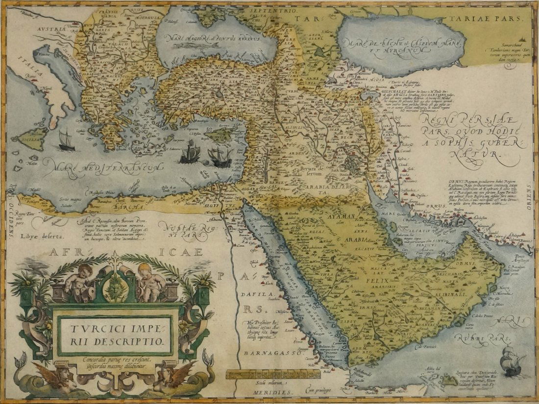 ABRAHAM ORTELIUS (FLEMISH 1527-1598), ENGRAVED AND HAND: ABRAHAM ORTELIUS (FLEMISH 1527-1598), ENGRAVED AND HAND COLORED MAP OF MIDDLE EAST FROM THEATRUM ORBIS TERRARUM, C.1592. SIGHT 15 X 19 5/8"; FRAMED AND GLAZED-22 X 26 1/2"