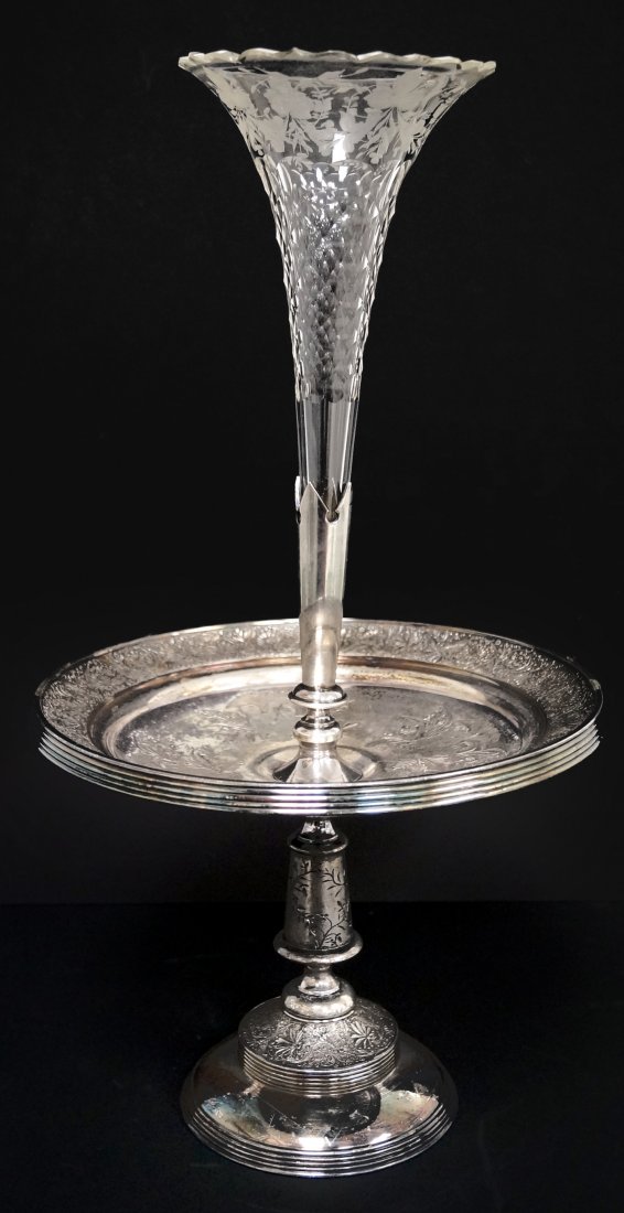 VICTORIAN MIDDLETOWN SILVER PLATE CENTERPIECE WITH CUT: VICTORIAN MIDDLETOWN SILVER PLATE CENTERPIECE WITH CUT GLASS EPERGNE, 19TH CENTURY. HEIGHT 18 5/8"