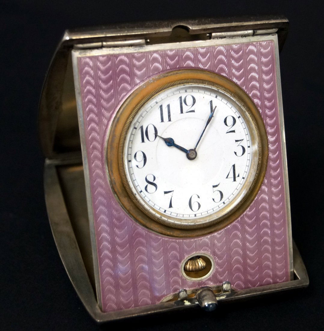 ANTIQUE SILVER/PINK GUILLOCHE ENAMEL TRAVEL CLOCK WITH (1 of 3)