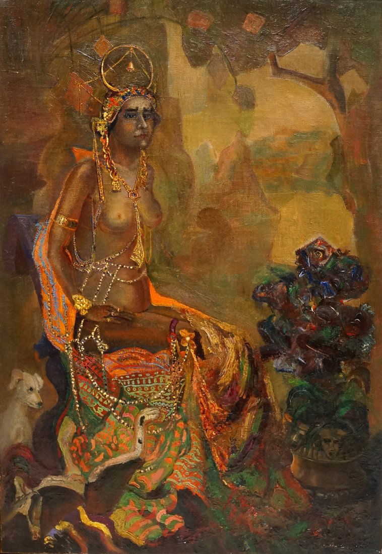 ATTRIBUTED TO LEON BAKST (RUSSIAN/AMERICAN 1868-1924),: ATTRIBUTED TO LEON BAKST (RUSSIAN/AMERICAN 1868-1924), OIL ON CANVAS, IDA RUBENSTEIN AS ZOBEIDA IN SCHEHERAZADE, BY GEORGES BARBIER, C.1911, SIGNED L. BAKST (IN CYRILLIC), INSCRIBED IN CYRILLIC VERSO