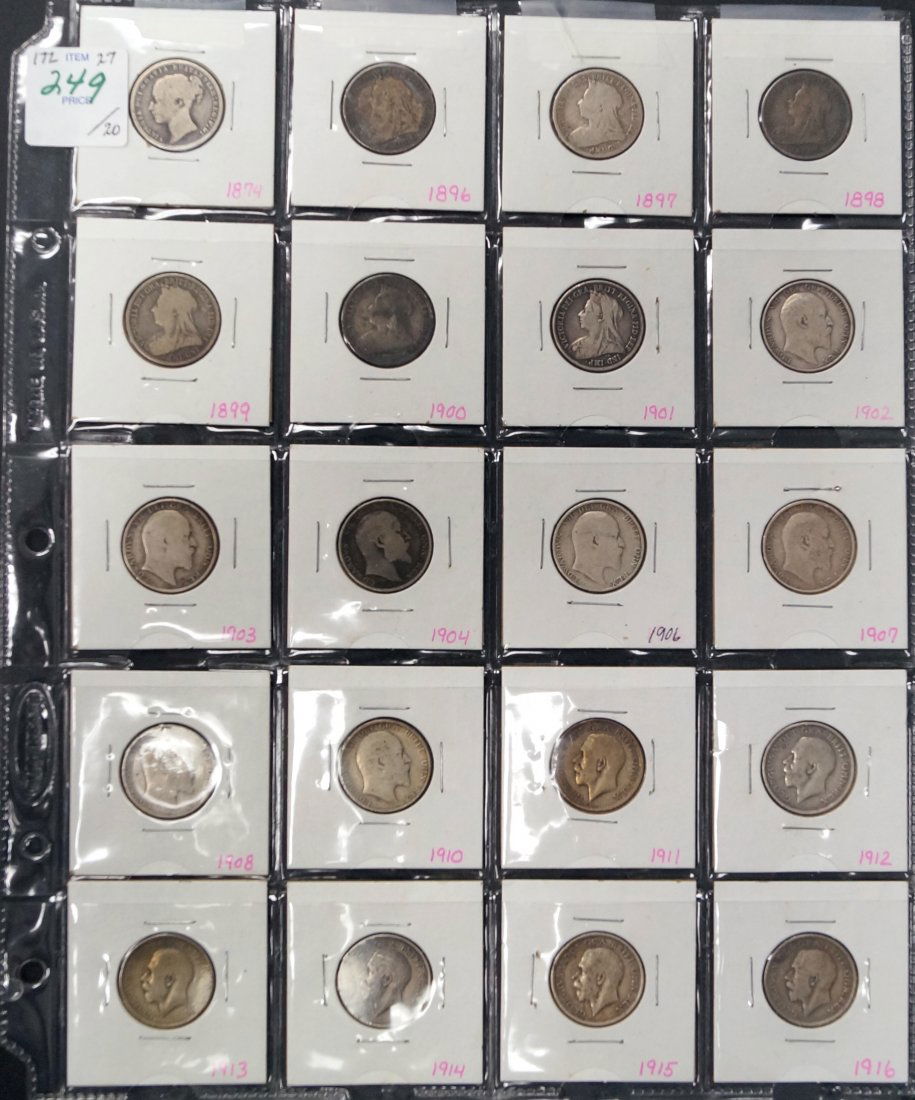 LOT (20) ASSORTED GREAT BRITAIN SILVER SHILLING COINS, (1 of 3)