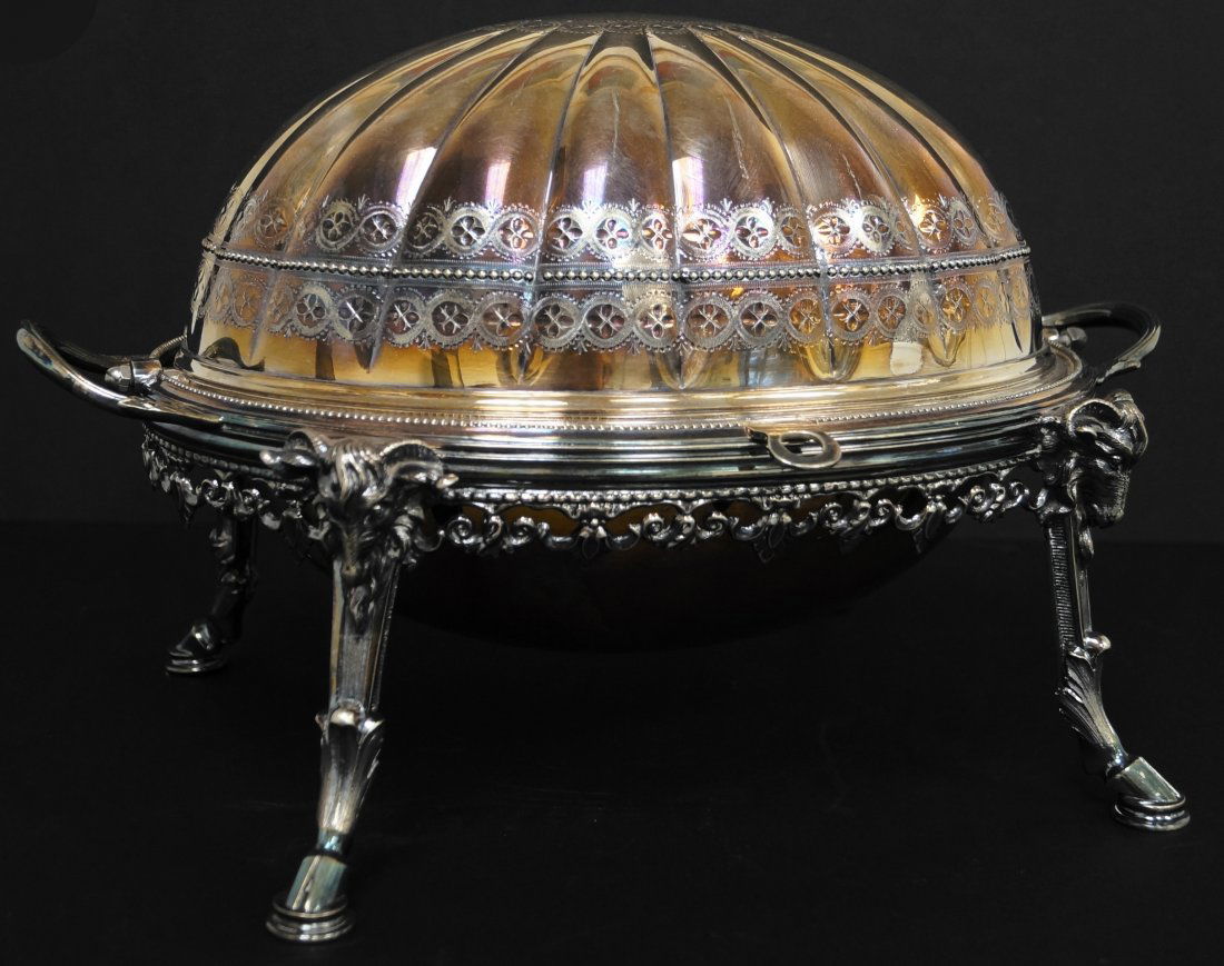 ENGLISH SILVER PLATE RAM'S HEAD, PAW-FOOT BUN WARMER, (1 of 5)