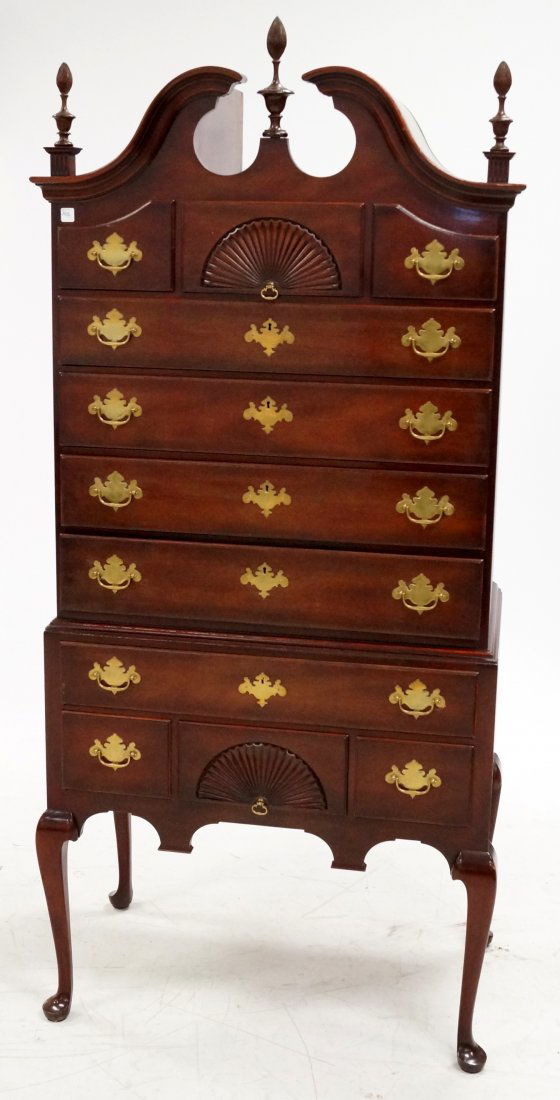 KINDEL MAHOGANY QUEEN ANNE STYLE HIGHBOY. HEIGHT 77"; (1 of 2)