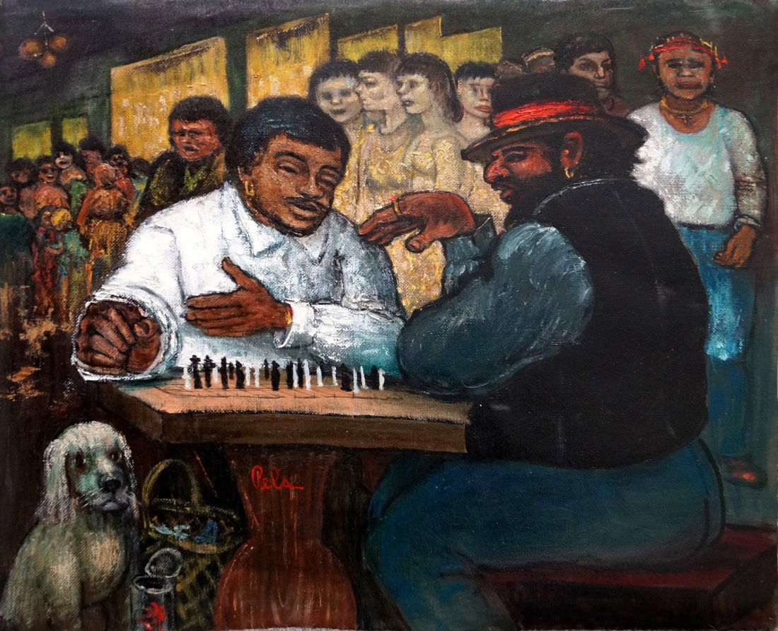 ALBERT PELS (AMERICAN/NY 1910-1998), OIL ON CANVAS, THE: ALBERT PELS (AMERICAN/NY 1910-1998), OIL ON CANVAS, THE CHESS GAME, SIGNED. 16 X 20" (LOOSE CUT CANVAS)