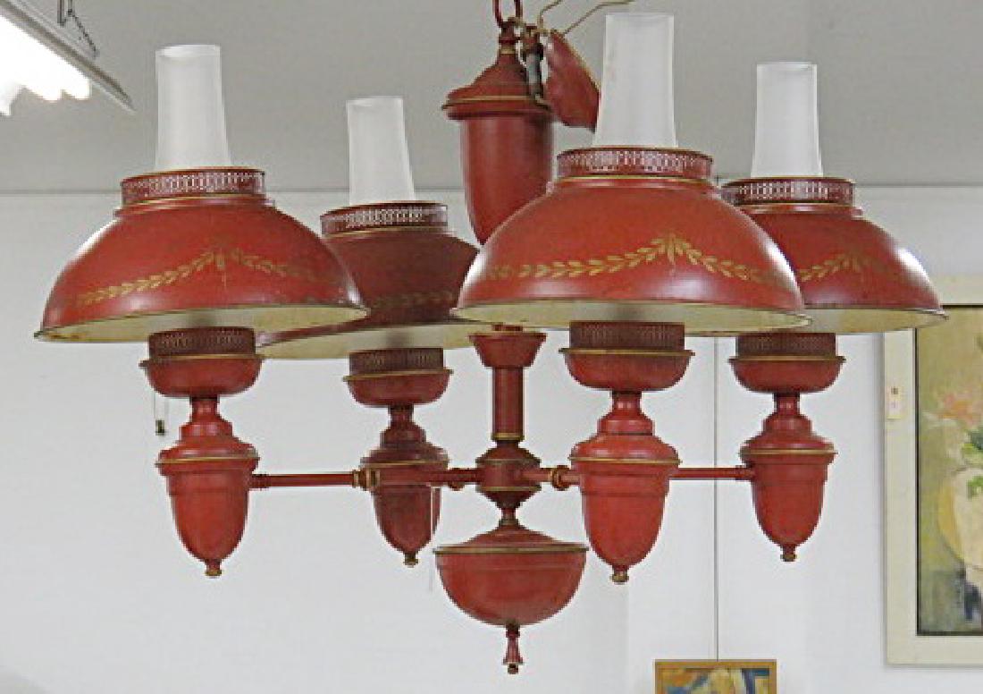 RED AND GOLD TOLE CHANDELIER WITH FROSTED CHIMNEY'S: RED AND GOLD TOLE CHANDELIER WITH FROSTED CHIMNEY'S