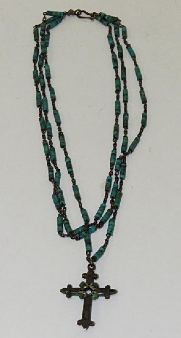 SOUTHWEST AMERICAN INDIAN SILVER AND TURQUOISE: SOUTHWEST AMERICAN INDIAN SILVER AND TURQUOISE CROSS/NECKLACE, SIGNED CL. LENGTH 16" (MISSING CENTER STONE IN CROSS)