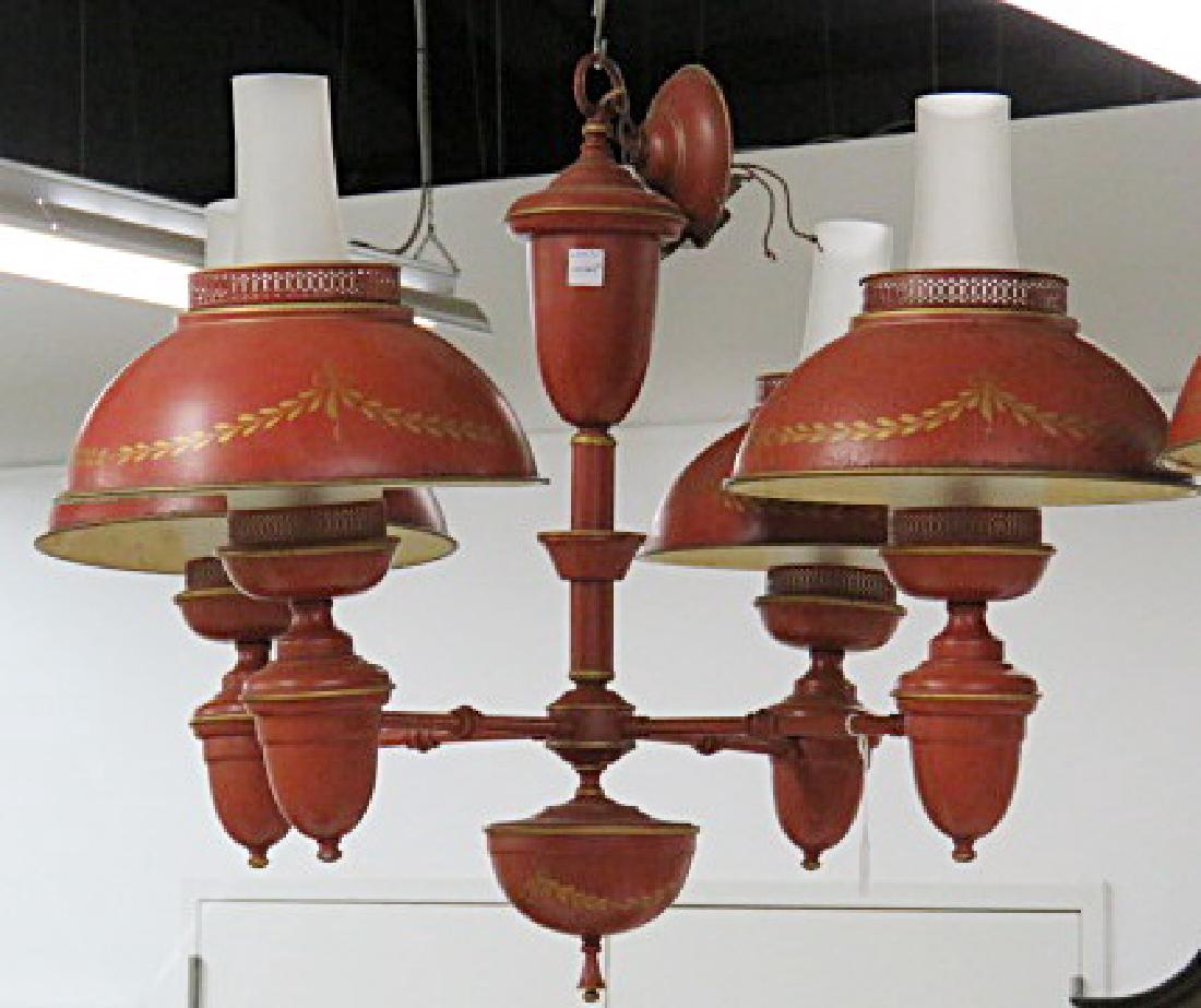 RED AND GOLD TOLE CHANDELIER WITH FROSTED CHIMNEY'S (1 of 4)