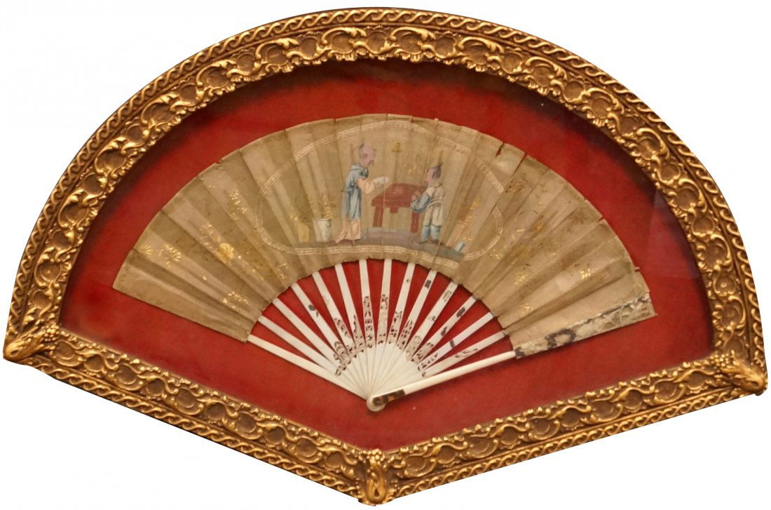 ANTIQUE CHINESE HAND PAINTED FAN. FRAMED AND GLAZED-18 (1 of 2)