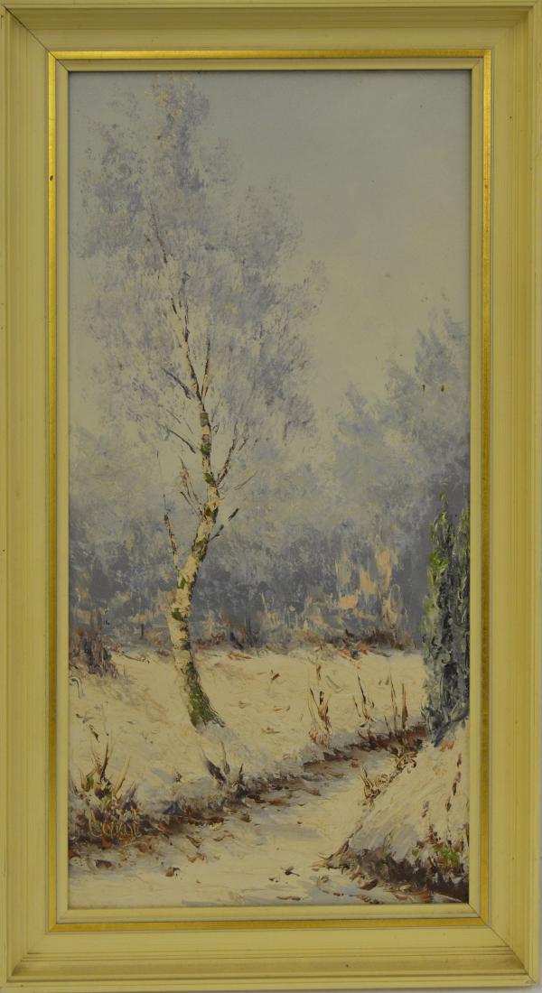 FRENCH SCHOOL (20TH CENTURY), OIL ON CANVAS, WINTER: FRENCH SCHOOL (20TH CENTURY), OIL ON CANVAS, WINTER LANDSCAPE WITH BIRCH TREE, SIGNED CAROT. 24 X 12"; FRAMED 27 1/2 X 15 1/2"