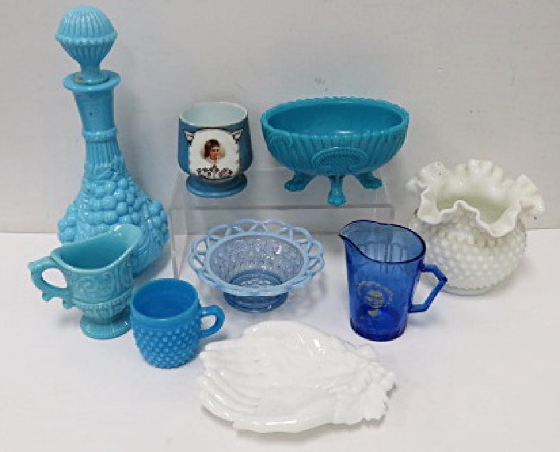 LOT VINTAGE GLASSWARE INCLUDING BLUE SLAG, HOBNAIL, (1 of 1)