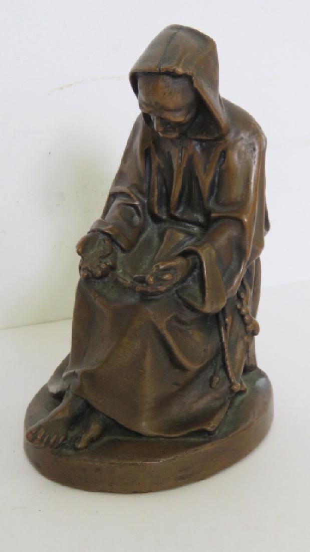 VINTAGE POMPEIAN BRONZE OVER CAST STONE SCULPTURE,: VINTAGE POMPEIAN BRONZE OVER CAST STONE SCULPTURE, MONK, BEARS MARK/SIGNATURE. HEIGHT 7 3/4"