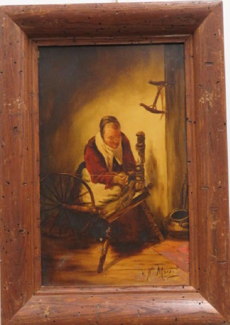 AFTER NICOLAES MAES (DUTCH 1634-1693) WATERCOLOR ON: AFTER NICOLAES MAES (DUTCH 1634-1693) WATERCOLOR ON PORCELAIN PANEL, SPINNING, SIGNED, 19/20TH CENTURY. 15 X 9"; FRAMED 19 X 13 1/2"