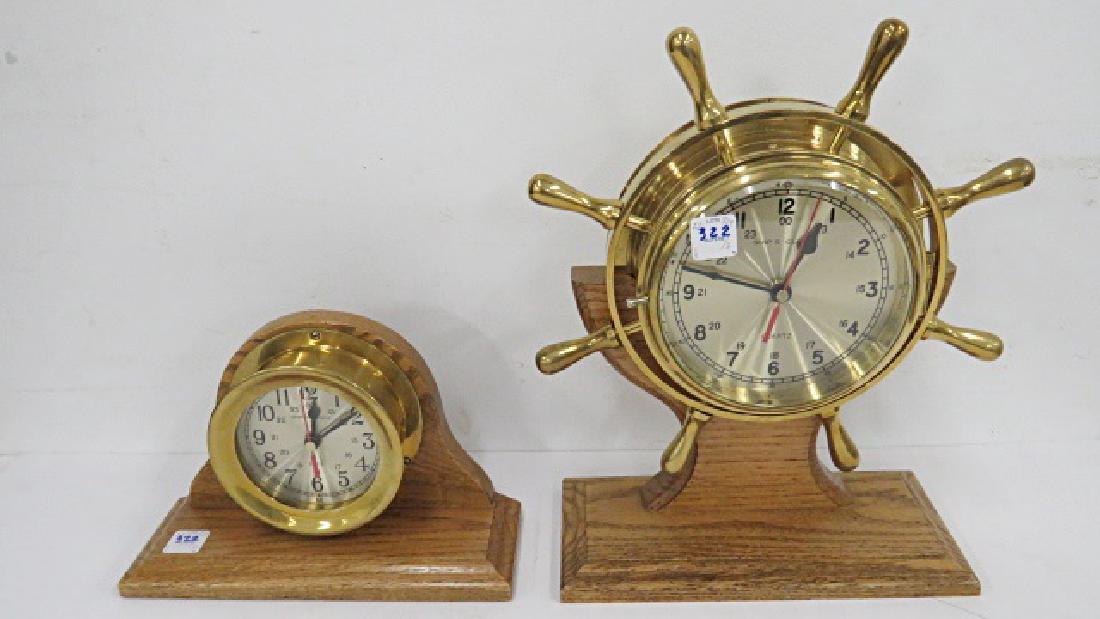 LOT (2) VINTAGE BRASS MARITIME/SHIPS CLOCKS ON OAK (1 of 3)