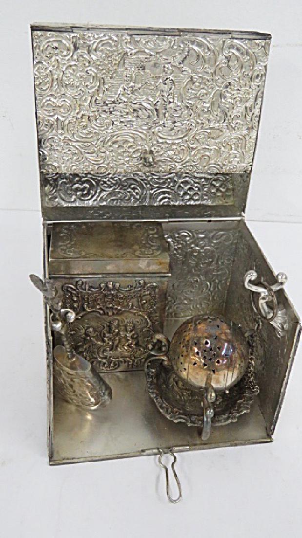 DUTCH SILVER PLATE CASED TEA CADDY WITH UTENSILS. (1 of 3)