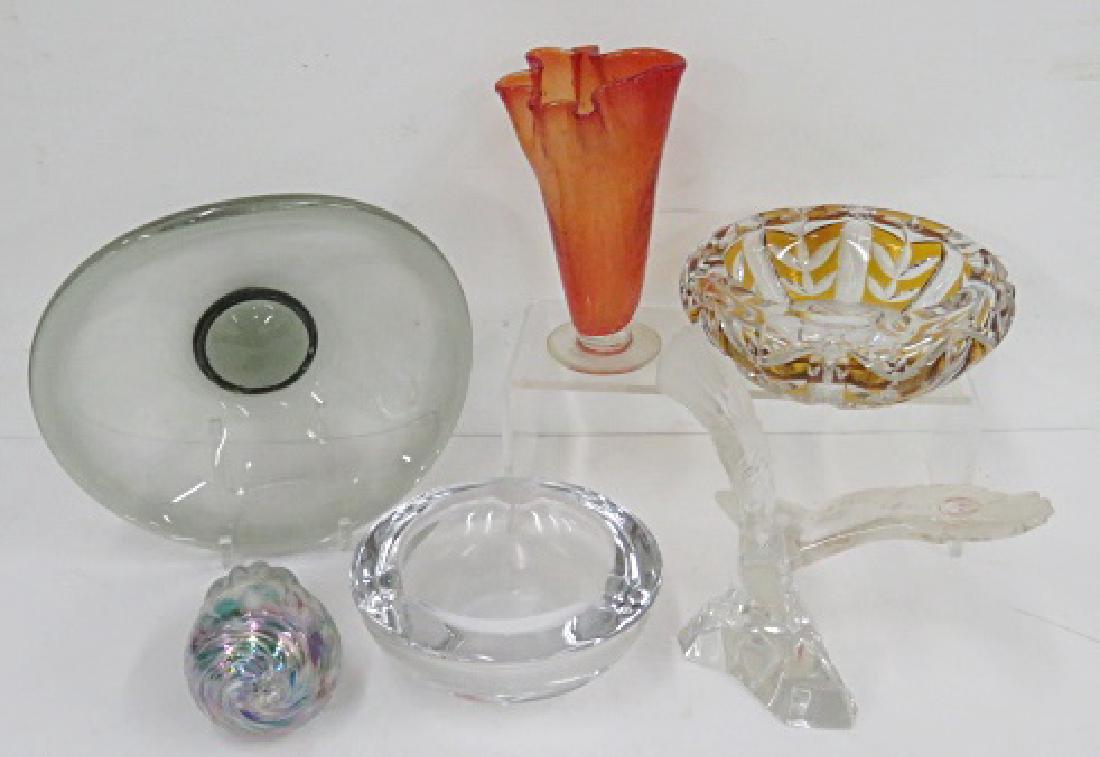 LOT (6) ART GLASS INCLUDING PER LUTKEN FOR HOLMEGAARD,: LOT (6) ART GLASS INCLUDING PER LUTKEN FOR HOLMEGAARD, SIGNED; VANNES, FRANCE ASHTRAY, GERMAN LEAD CRYSTAL EAGLE (WITH TAG), MARIGOLD BLOWN VASE, CUT CRYSTAL ASHTRAY AND THE NAKED ZEBRA ART GLASS