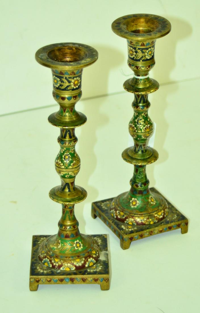 PAIR ENAMEL DECORATED BRASS CANDLESTICKS. HEIGHT 9 1/2" (1 of 2)