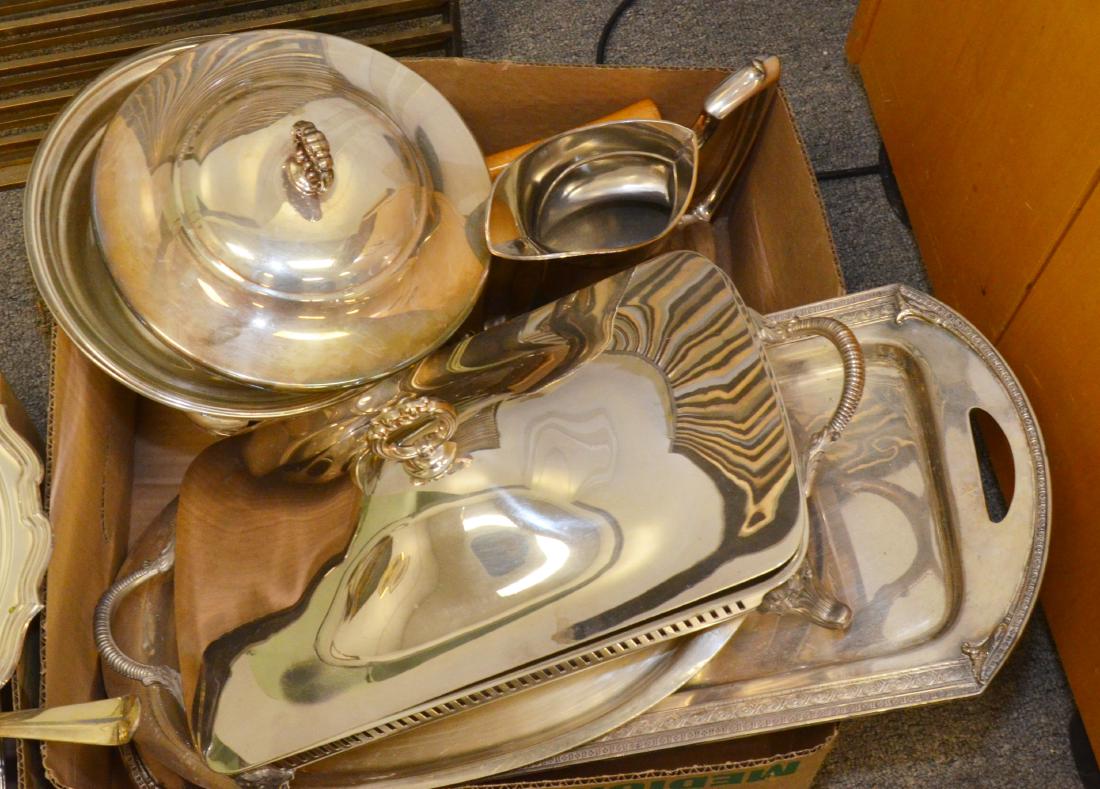 LOT (5) SILVER PLATE SERVING TRAYS, PITCHER, CASSEROLES (1 of 3)