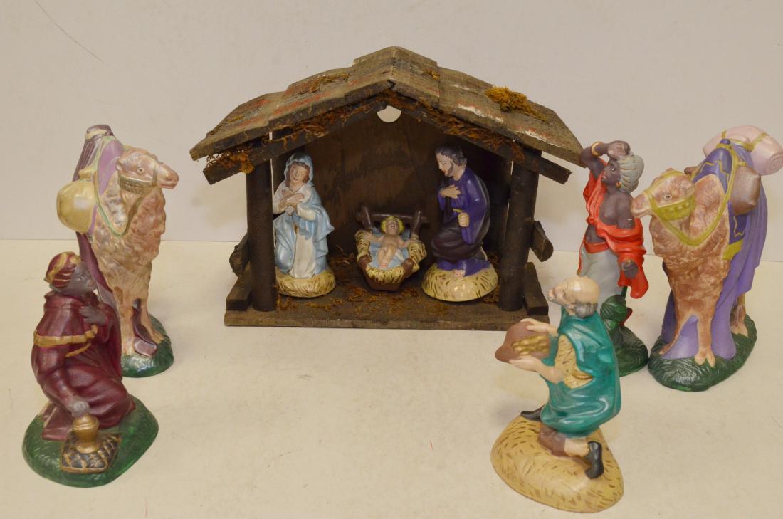 VINTAGE PAINTED CERAMIC NATIVITY SCENE WITH WOODEN (1 of 1)