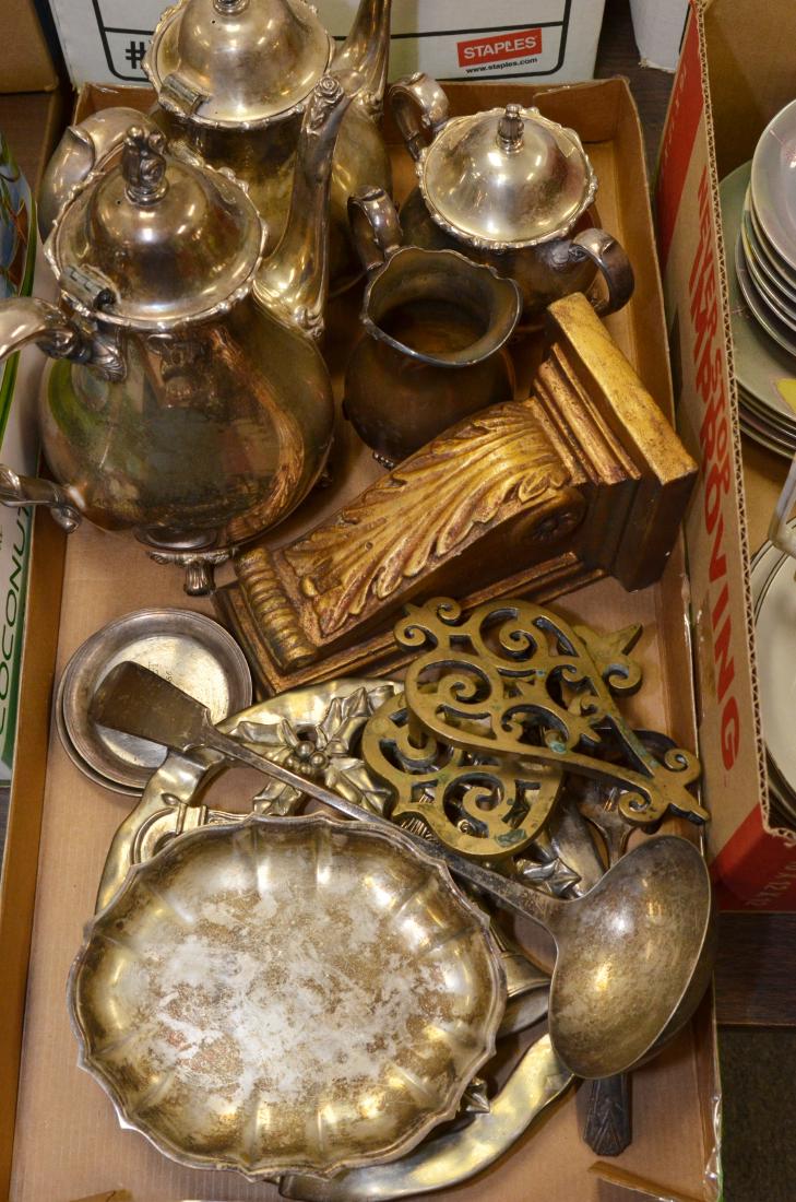 LOT INCLUDING ASSORTED SILVER PLATE TEA SET, TRAY, (1 of 4)
