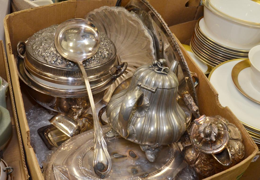 BOX LOT SILVER PLATE INCLUDING LARGE PLATTER, SOME (1 of 6)