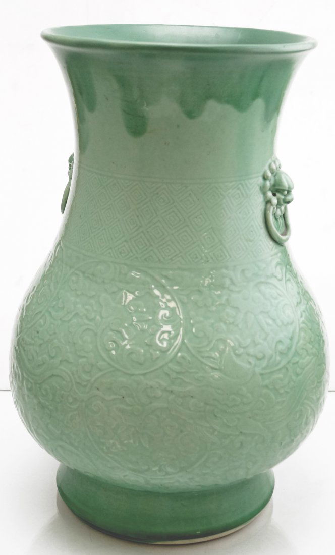 CHINESE CARVED CELADON PORCELAIN VASE WITH MASK (1 of 3)
