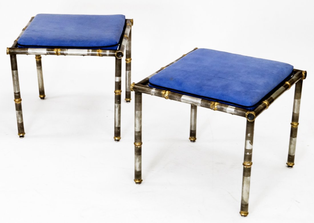 PAIR CRAFTSMAN MADE BRAZED STEEL AND COPPER OTTOMANS. (1 of 2)