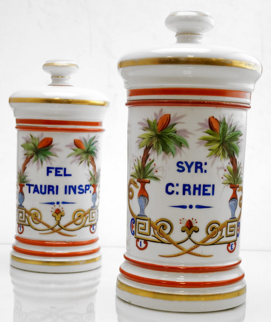 LOT (2) ANTIQUE MILK GLASS APOTHECARY JARS. HEIGHT 9 (1 of 1)