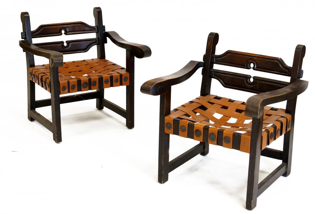 PAIR MEXICAN CARVED ARMCHAIRS WITH LEATHER STRAP SEATS (1 of 2)
