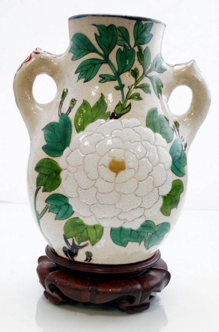 JAPANESE ENAMEL DECORATED SATSUMA POTTERY DOUBLE HANDLE (1 of 2)
