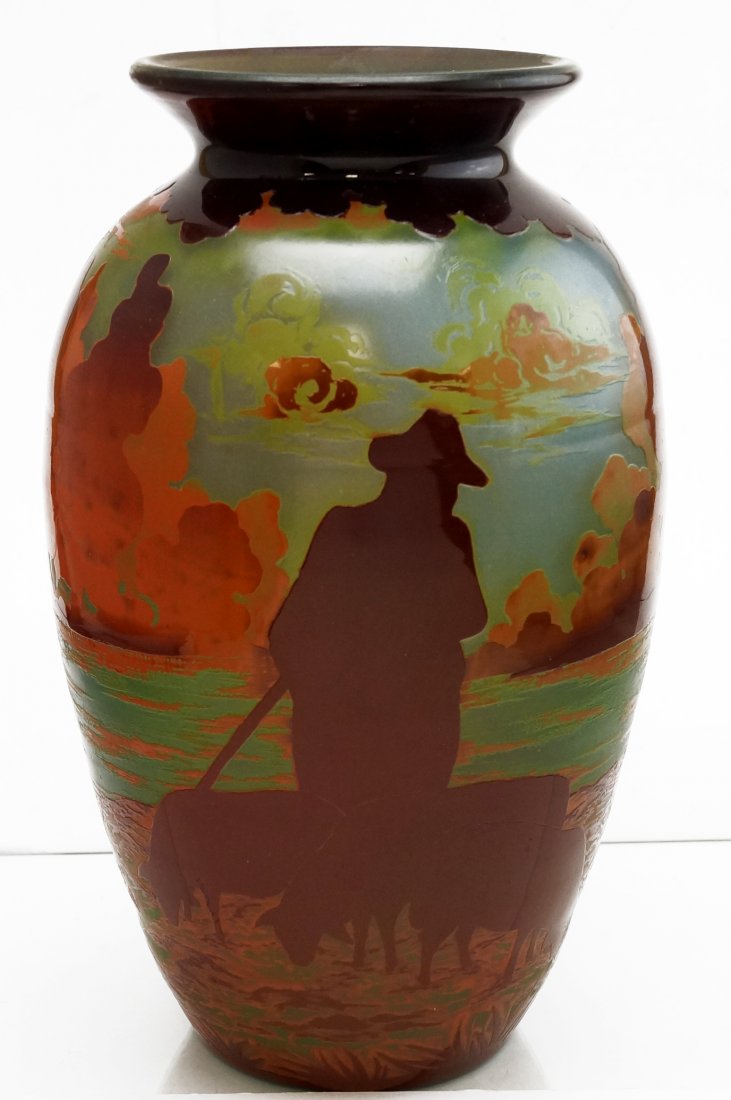 CARVED CAMEO ART GLASS VASE "SHEPHERD", BEARING CARVED: CARVED CAMEO ART GLASS VASE "SHEPHERD", BEARING CARVED SIGNATURE "MULLER FRES. LUNEVILLE", CENTRAL EUROPEAN 20TH CENTURY. HEIGHT 12 1/4"