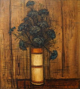 FRENCH SCHOOL (20TH CENTURY) OIL ON CANVAS, FLOWERS IN: FRENCH SCHOOL (20TH CENTURY) OIL ON CANVAS, FLOWERS IN A VASE, BEARING SIGNATURE BERNARD BUFFET '57. 21 X 18"; FRAMED 26 1/4 X 23 1/2" (RELINED)
